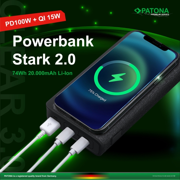 PATONA Premium Powerbank Stark 2.0 PD100W 20.000mAh, QI wireless charging, 2xUSB-C 1xUSB-A connector