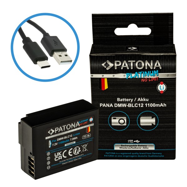 Batterie PATONA Platinum avec entrée USB-C pour Panasonic DMW-BLC12 FZ2000 FZ300 GX8 G81 GH2