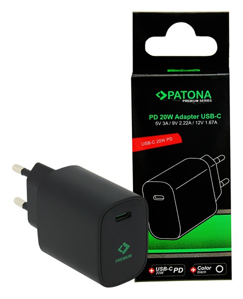 PATONA Premium PD20W Adapter 5V/3A 9V/2.22A 12V/1.67A USB-C PD3.0 QC3.0 black