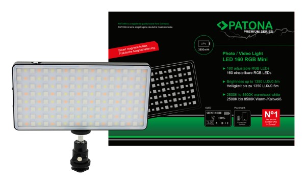 PATONA Premium LED Photo and video light with 160 adjustable RGB LEDs and 3 scenes