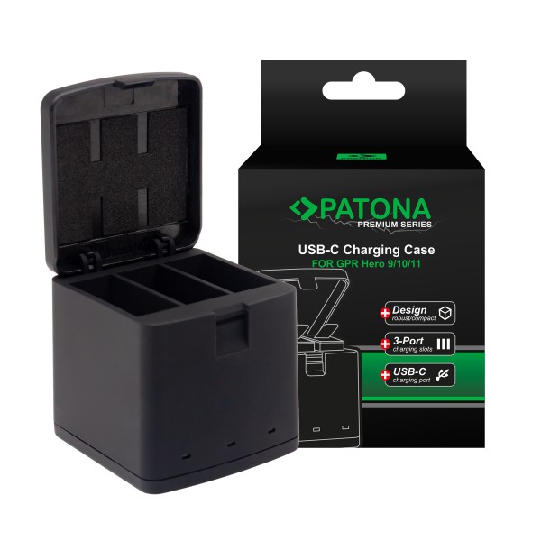 PATONA Tripple-Charger Ladebox für GoPro Hero 9 10 11 inkl. USB-C Kabel