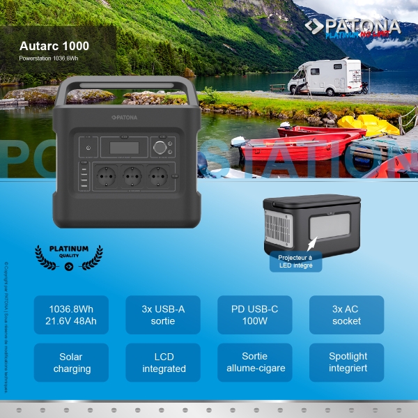 PATONA Platinum Portable Powerstation Autarc 1000 / 1000W 1000Wh PD100W USB5V/2.4A DC12V/10A DC5525