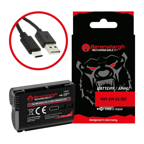 Berenstargh Battery with USB-C Input for Nikon 1 V1 EN-EL 15 EN-EL15B EN-EL15C ENEL 15 D7000 D800 D600 Z6 Z7 NTC