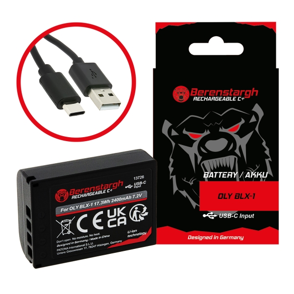 Berenstargh Battery with USB-C Input for Olympus OM-1 OM1 BLX-1 BLX1 NTC