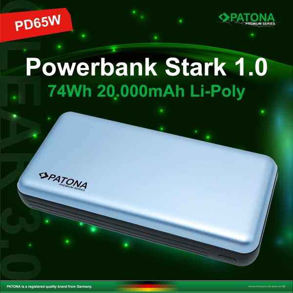 PATONA Premium Powerbank Stark 1.0 PD65W 20000mAh with 2 integrated charging cables USB-C Lightning