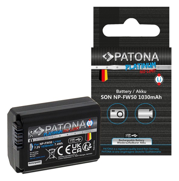 PATONA Platinum Batterie avec entrée USB-C pour Sony NP-FW50 NEX.3 NEX.3C NEX.5 NEX.5A
