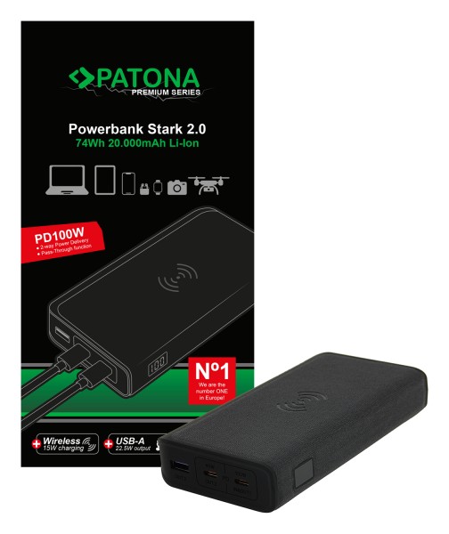 PATONA Premium Powerbank Strong 2.0 PD100W 20000mAh, QI wireless charging, 2xUSB-C 1xUSB-A connector