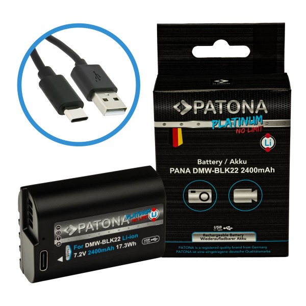 Batterie PATONA Platinum avec entrée USB-C pour Panasonic DMW-BLK22 S5 G9 GH5 GH5S