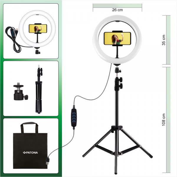 PATONA Premium Vlogger Kit: 10 inch video/ring light with remote control and tripod
