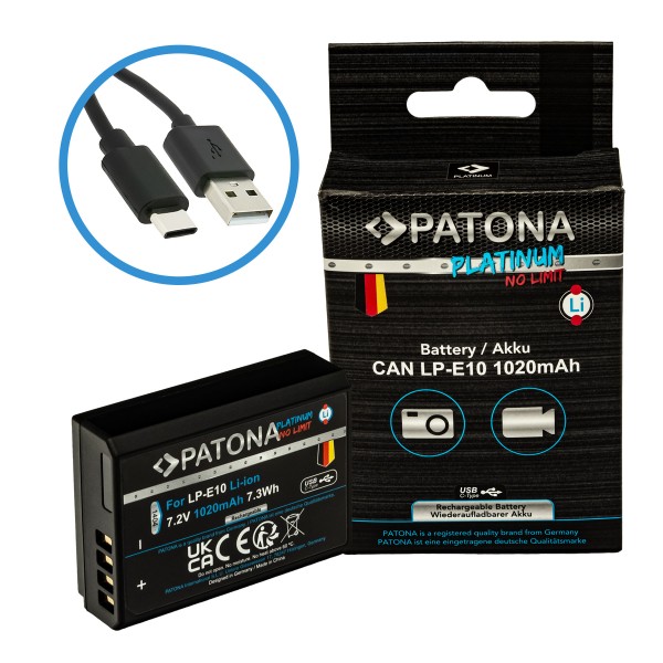 Batterie PATONA Platinum avec entrée USB-C pour Canon LP-E10 LPE10 EOS1100D EOS 1100D