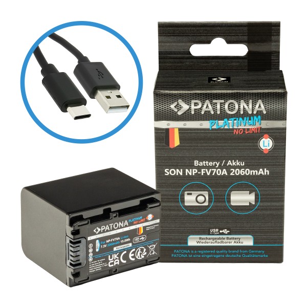 PATONA Batterie Platinum pour Sony NP-FV70A DCR-SR100 DCR-DVD703E HDR-CX12E avec entrée USB-C