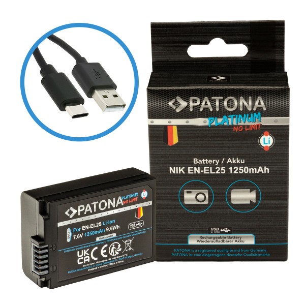 Batterie PATONA Platinum avec entrée USB-C pour Nikon EN-EL25 Nikon Zfc Nikon Z50 Nikon Z30