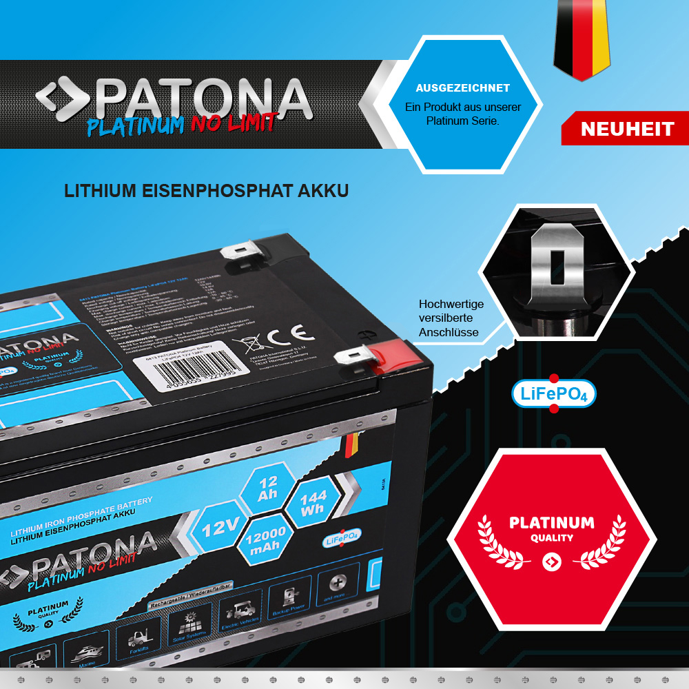 PATONA Platinum LiFePO4 Akku Batterie Ersatz 12V 12Ah 144Wh 12.000