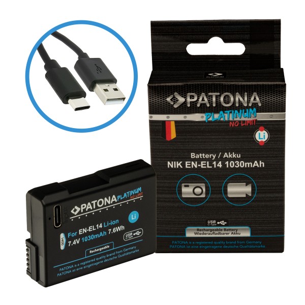 PATONA Batterie Platinum avec entrée USB-C pour Nikon Nikon EN-EL14 D3100 D5100 P7000