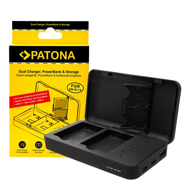 PATONA dual charger for Nikon EN-EL14 P7000 P7100 P7700 D3100 with power bank function and memory card storage