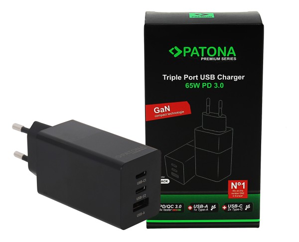 PATONA Premium GaN PD65W Adapter black 2xUSB-C 1xUSB-A PD3.0 QC3.0