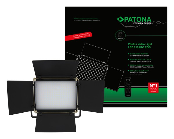 PATONA Premium LED photo and video light with 216 adjustable RGB LEDs incl. remote control