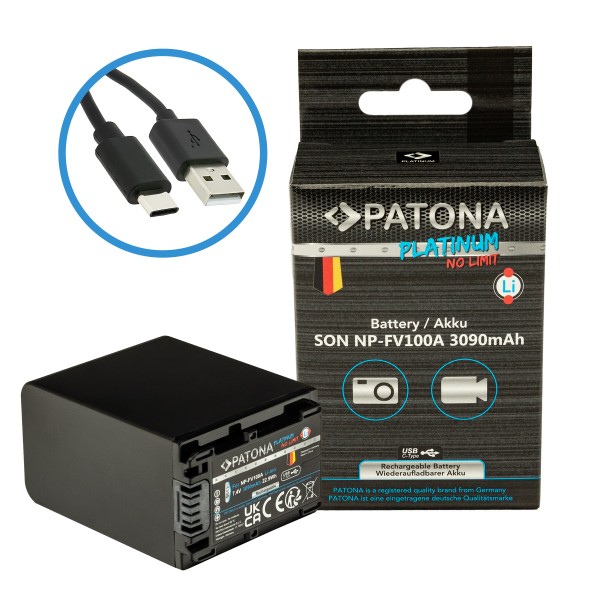 Batterie PATONA Platinum avec entrée USB-C pour Sony NP-FV100 FDR-AX40 FDR-AX45 FDR-CX680 NEX-VG30