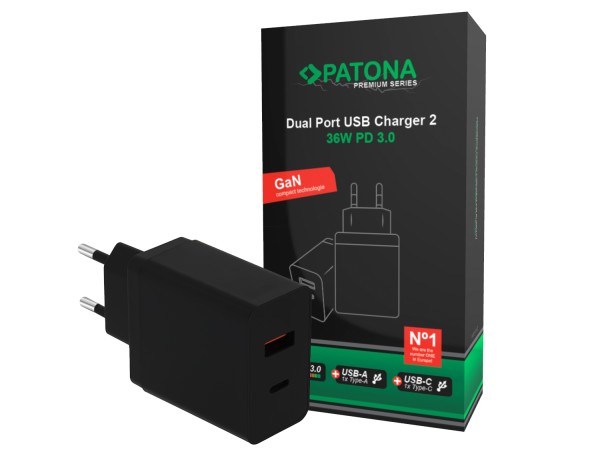 PATONA Premium PD36W Adapter 5V/3A 9V/2A 12V/1.5A 1xUSB-C 1xUSB-A PD3.0 QC3.0