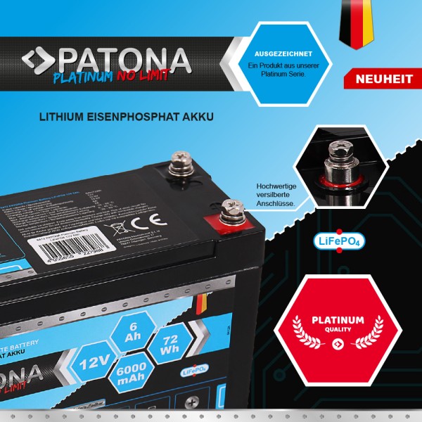 PATONA Platinum LiFePO4 Akku Batterie 12V 6Ah 72Wh 6000mAh