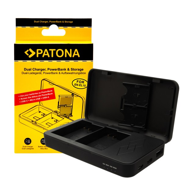PATONA dual charger for Nikon EN-EL15 D500 D750 D780 D800 Z5 Z6 Z6 II Z7 with power bank function and memory card storage